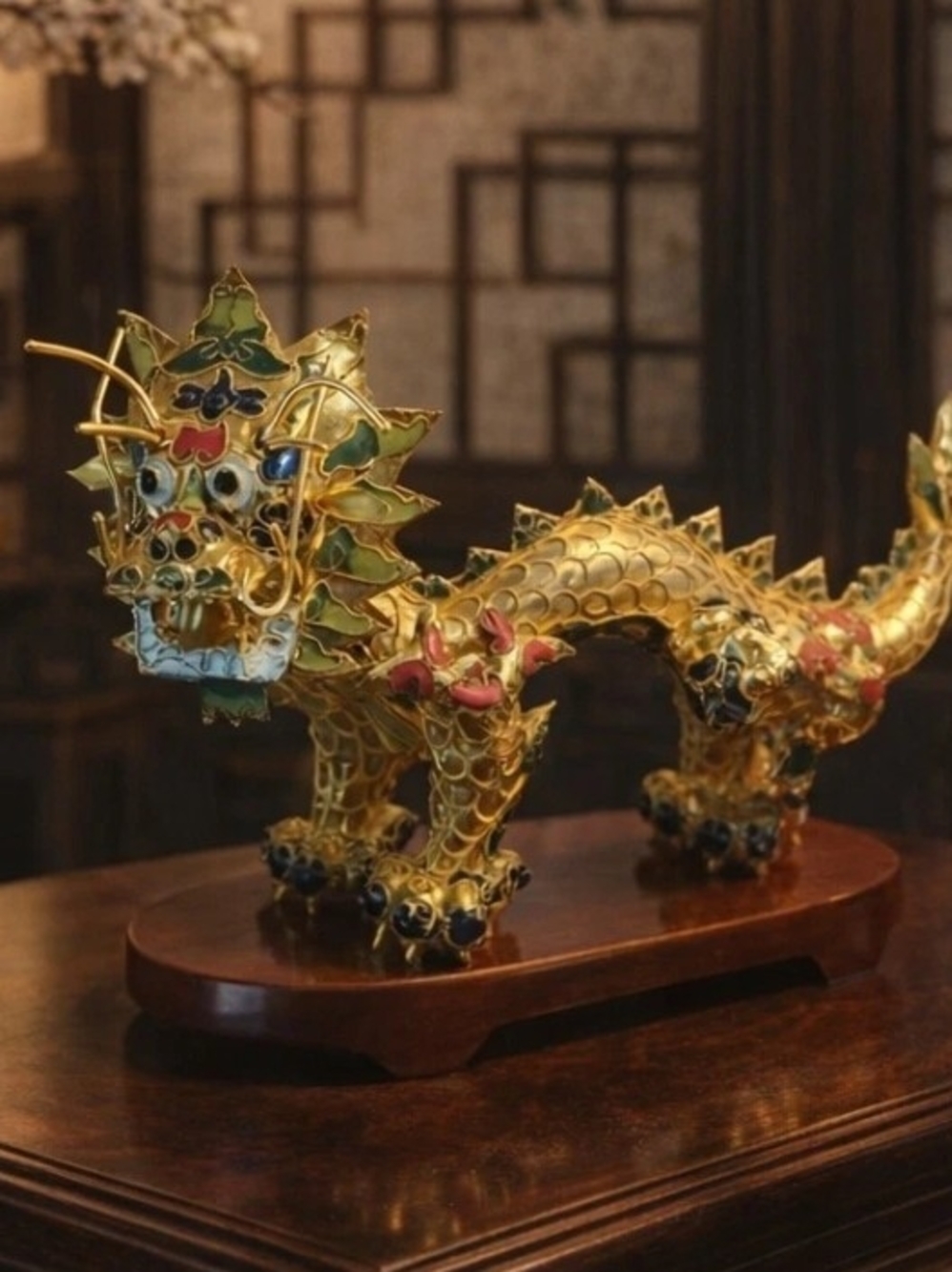 Vintage Cloisonné Chinese Dragon Figurine, Vibrant Enamel, Gold Wire Detail